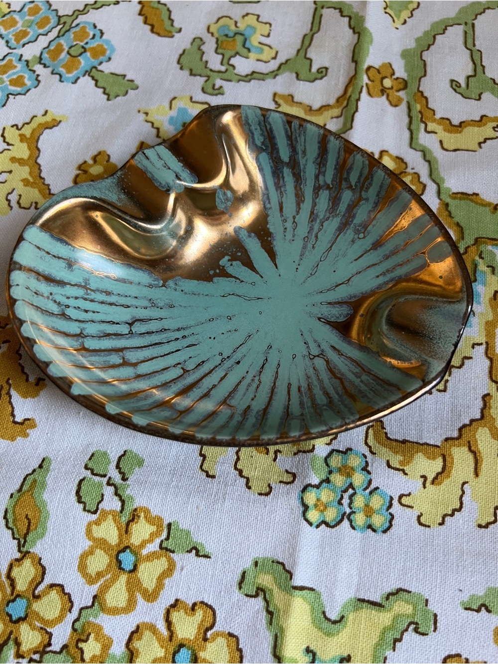 Vintage Carslens West Germany Gold and Teal Shell  Ashtray MidCentury Accent